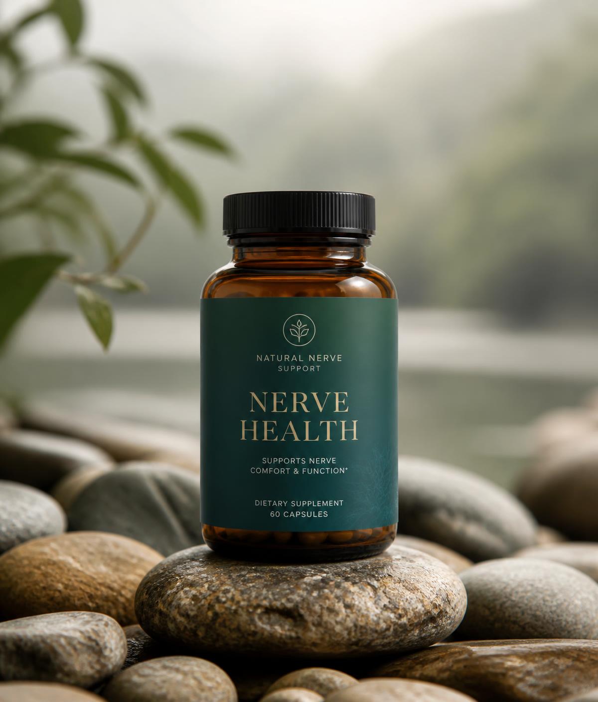 Quiet Nerves supplement bottle resting on smooth river stones