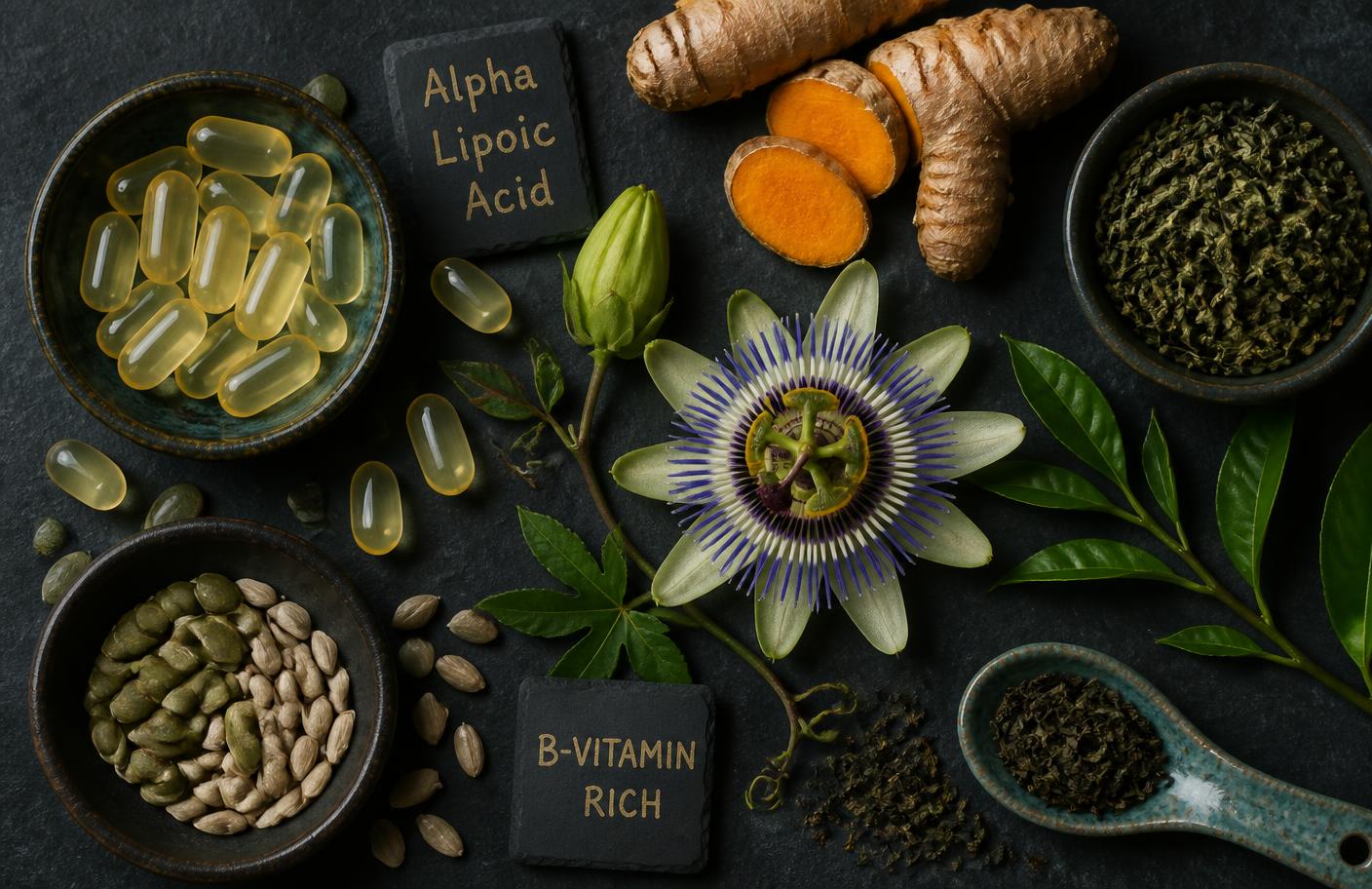 Botanical ingredients including turmeric, passionflower, green tea and alpha lipoic acid capsules