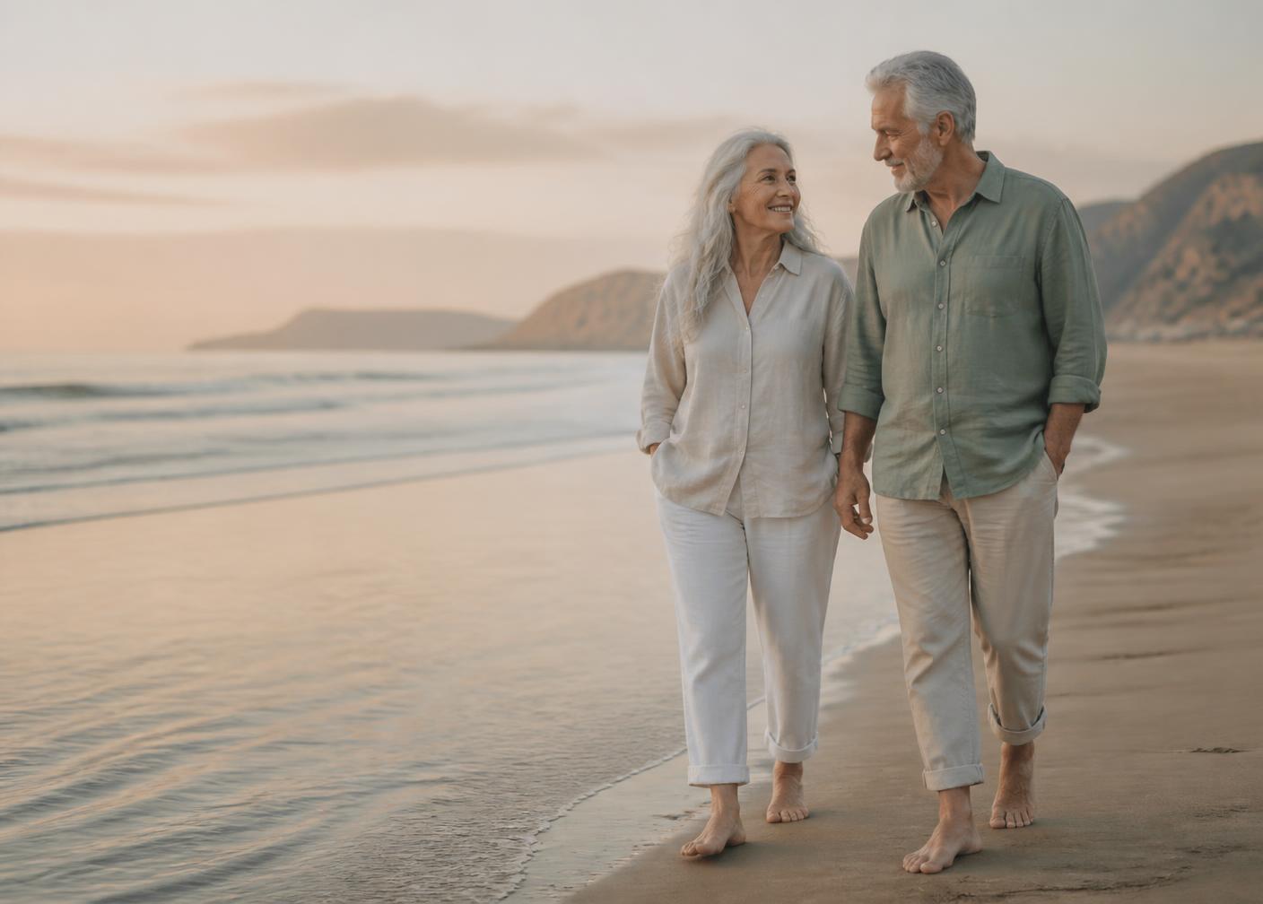 Couple walking barefoot along a calm beach at sunrise
